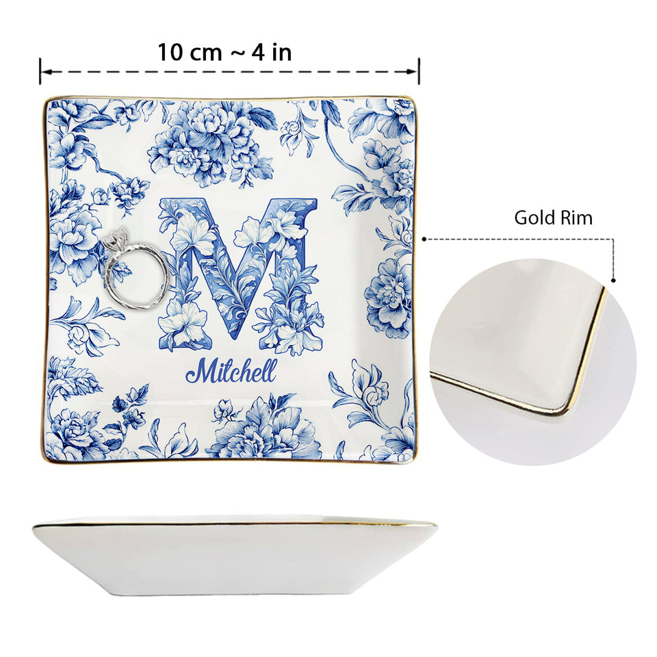 Blue & Pink Floral Toil Letter - Personalized Gift For Friend Fully Printed Jewelry Dish