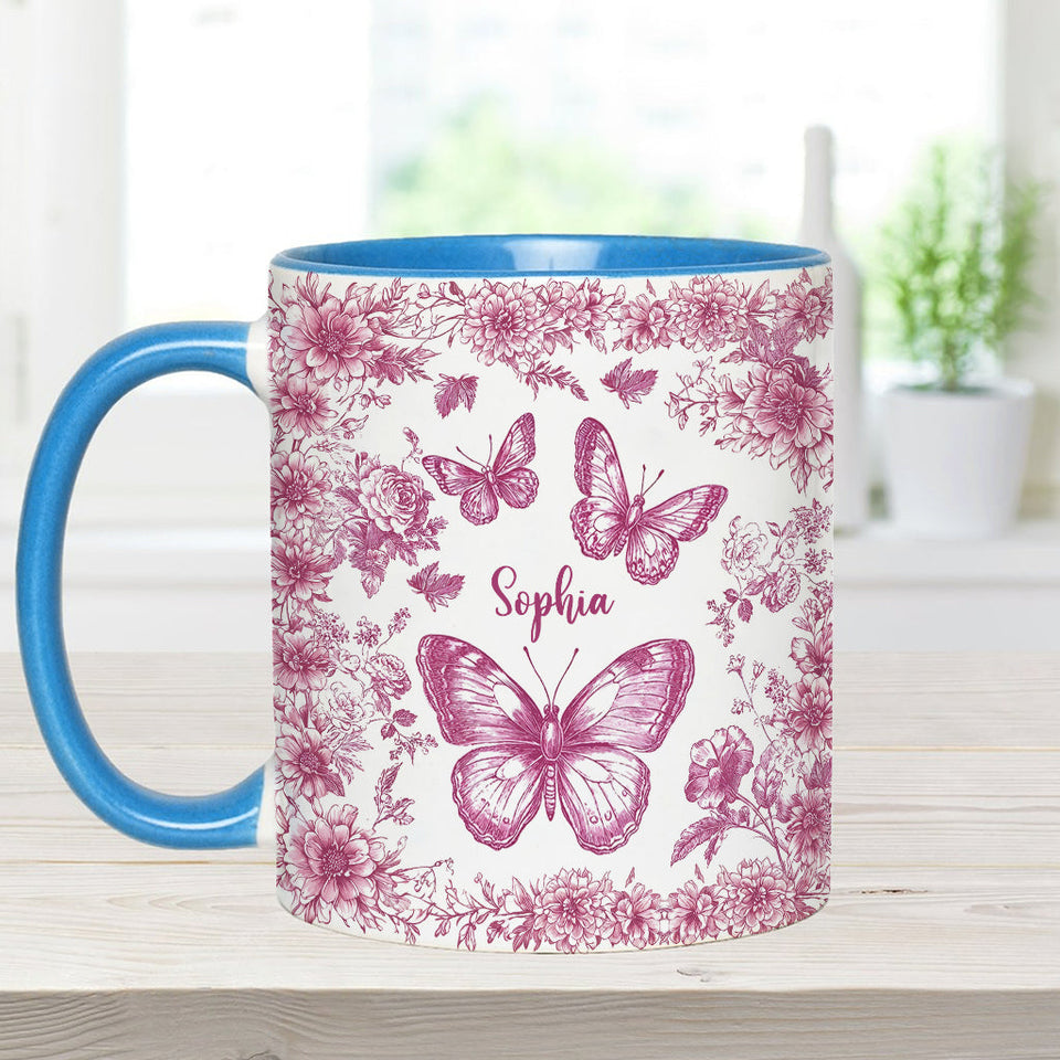 Pink Toile Butterfly - Personalized Butterfly Accent Mug