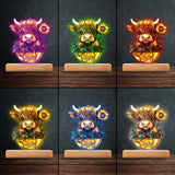 Cute Highland Cow Sunflower - Personalized Shaped Plaque Light Base