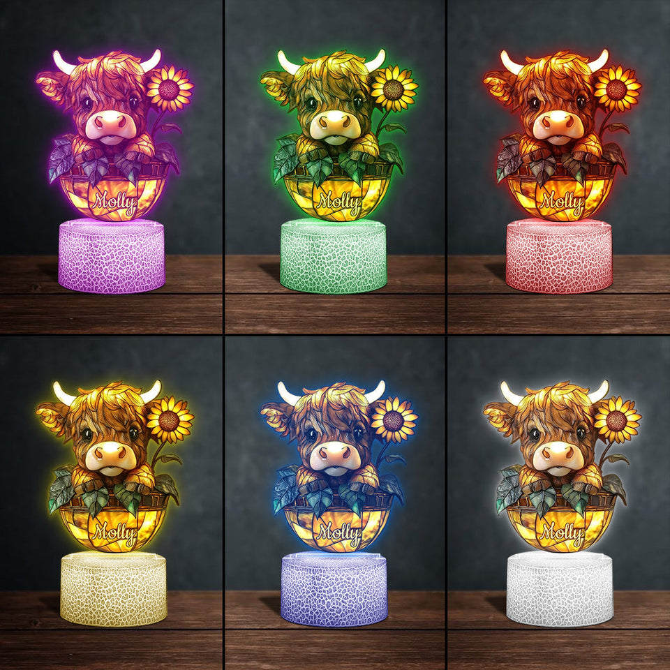 Cute Highland Cow Sunflower - Personalized Shaped Plaque Light Base