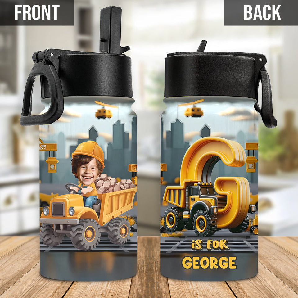 Construction Vehicle Alphabet Letters - Personalized Kid Kids Water Bottle