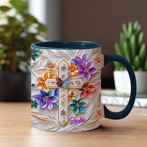 Mug chrétien personnalisé avec croix florale