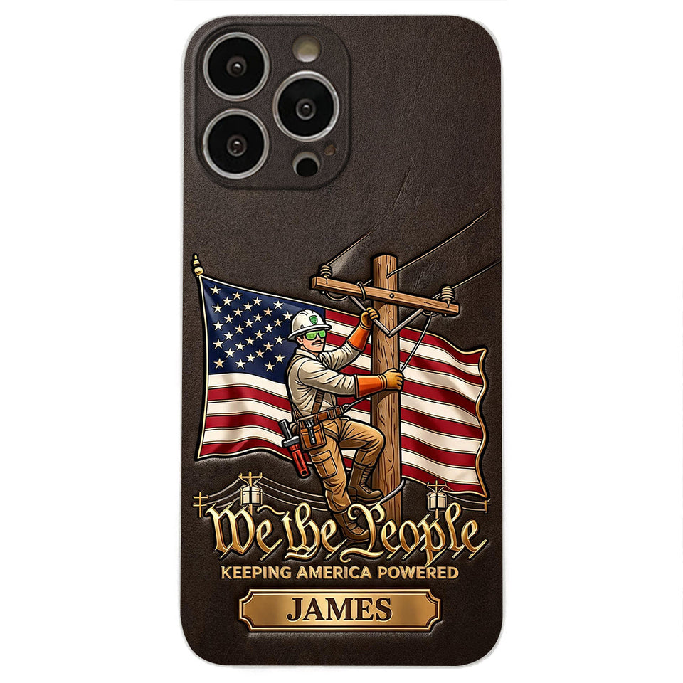 We The People - Personalized Lineman 3D Embossed Leather Phone Case