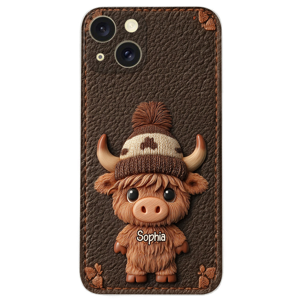 Love Highland Cows - Personalized Highland Cow Leather Phone Case