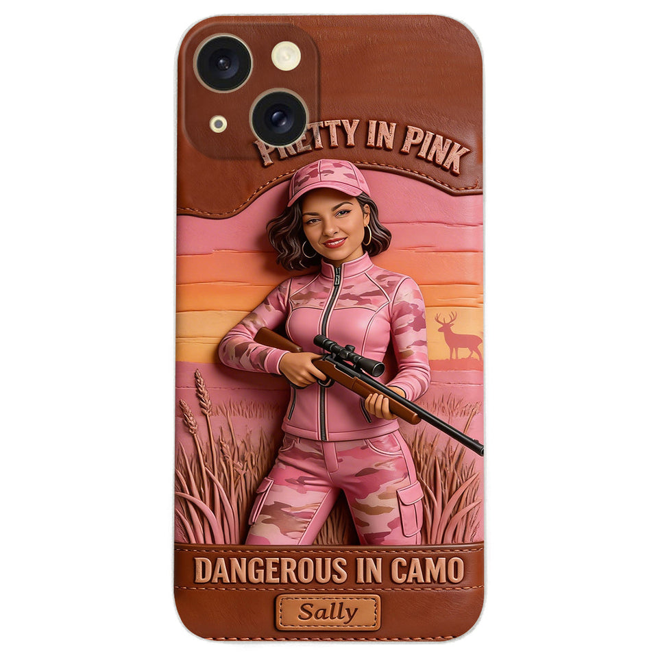 Custom Any Photo Dangerous In Camo - Personalized Hunting Leather Phone Case