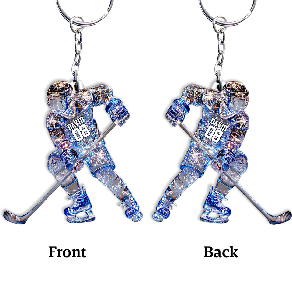 Sparkling Ice Hockey Player - Personalized Hockey Keychain