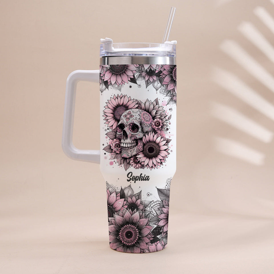 Sunflower Skull - Personalized Skull Tumbler With Handle