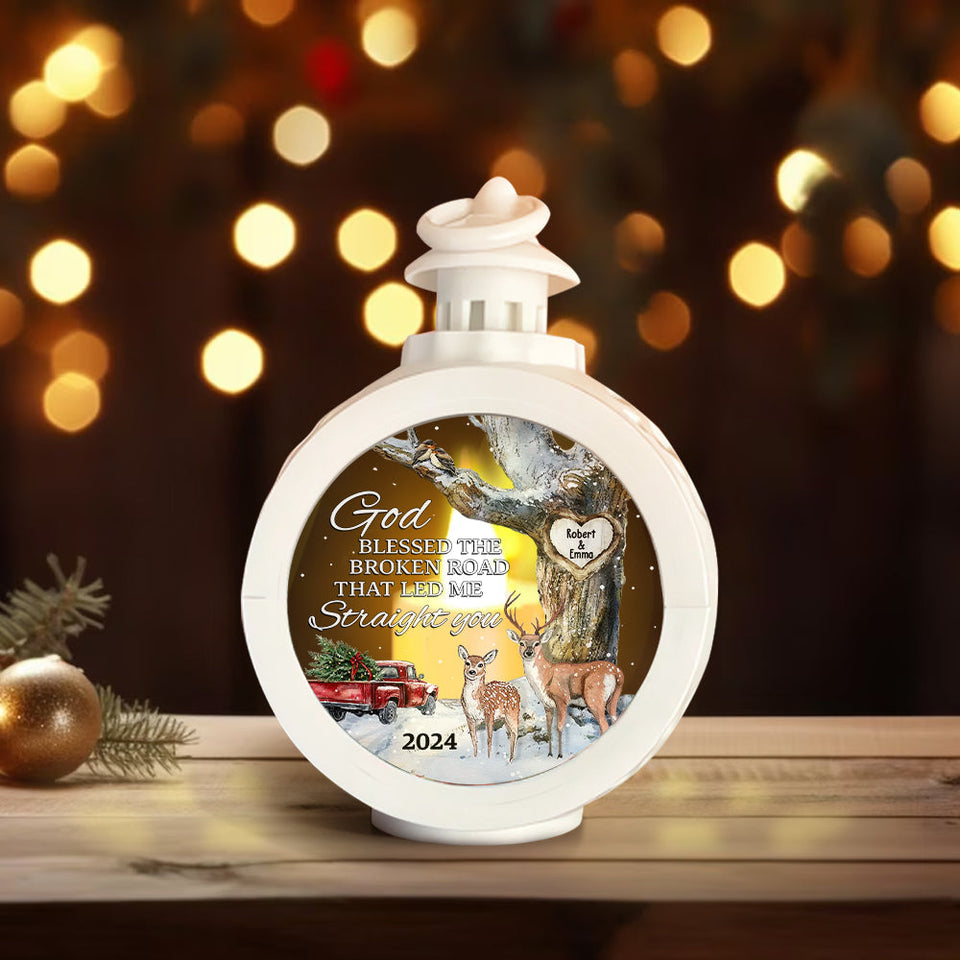 God Blessed The Broken Road - Personalized Couple Round Lantern With Light