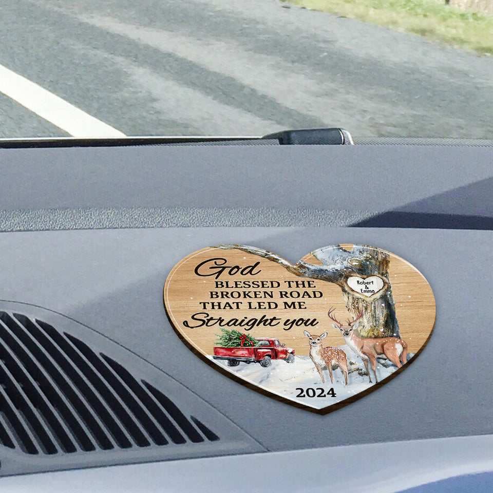 God Blessed The Broken Road That Leds Me To You - Personalized Couple Shaped Car Visor Clip