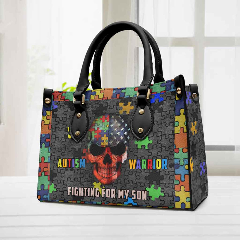 Guerrière de l'autisme, je me bats pour mon fils - Sac à main en cuir personnalisé pour la sensibilisation à l'autisme