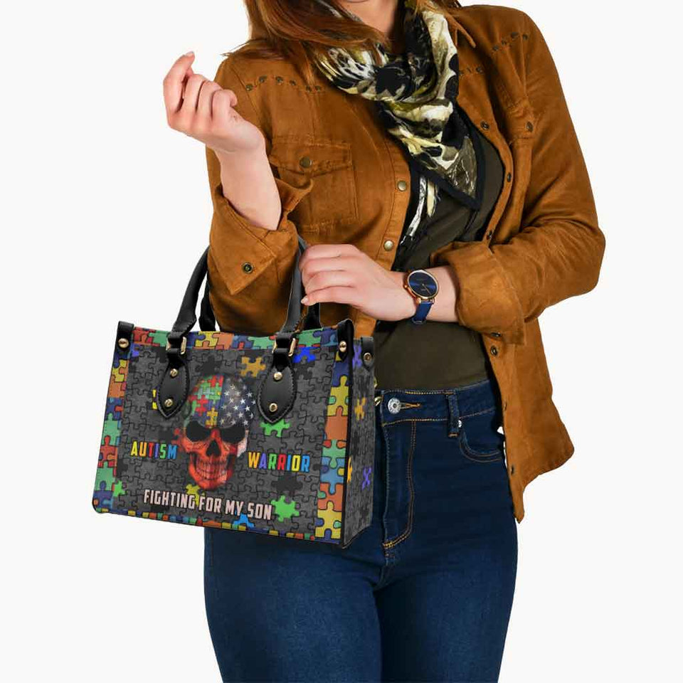 Guerrière de l'autisme, je me bats pour mon fils - Sac à main en cuir personnalisé pour la sensibilisation à l'autisme