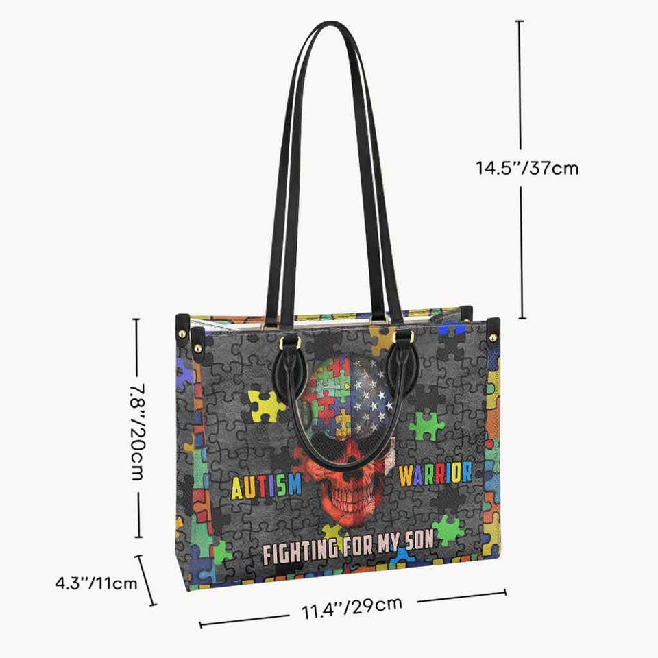 Guerrière de l'autisme, je me bats pour mon fils - Sac à main en cuir personnalisé pour la sensibilisation à l'autisme