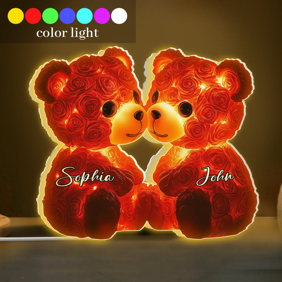 Cute Red Roses Bear Couple - Personalized Couple Shaped Light Box