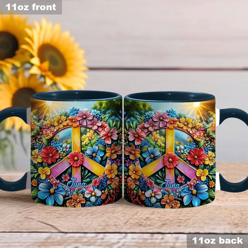 Floral Peace Sign - Personalized Hippie Accent Mug