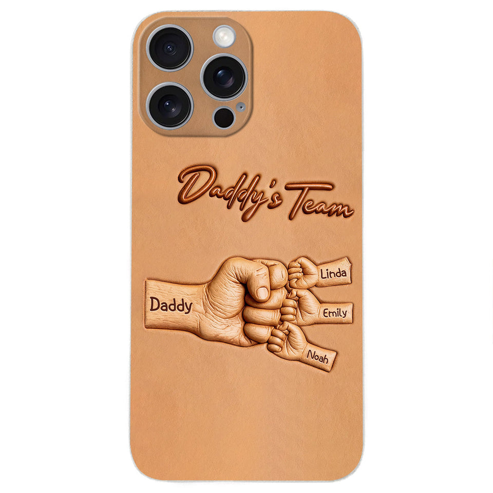 Daddy's Team - Personalized Father 3D Embossed Leather Phone Case