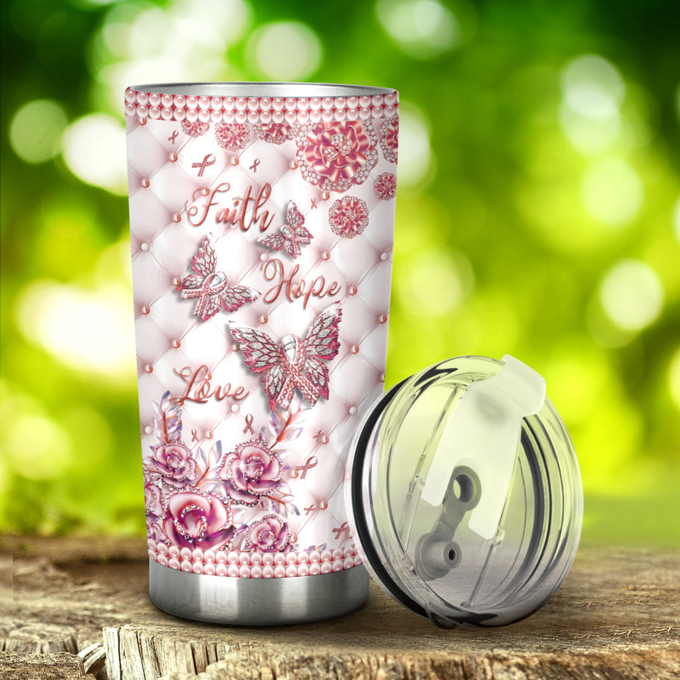 Gobelet de sensibilisation au cancer du sein « Foi, Espoir, Amour » avec motif strass 0622