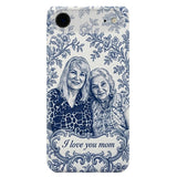 Mother Gift Idea, Blue Toile De Jouy Pattern - Personalized Mother 3D Embossed Leather Phone Case