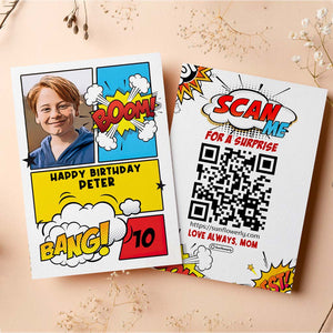 Birthday Comic Book Photo Upload - Personalized QR Greeting Card