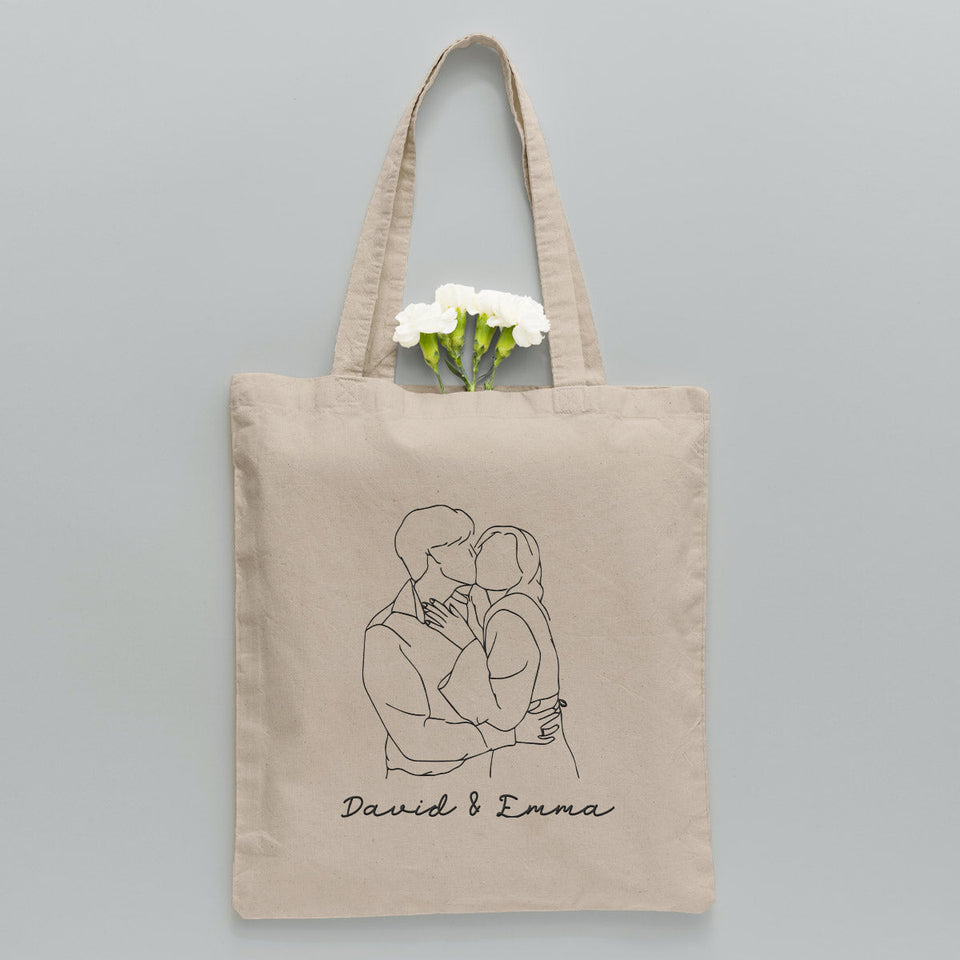 Custom Photo Line Art - Personalized Couple Embroidered Tote Bag