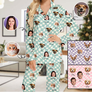 Any Photo Upload On Plaid Pattern With Many Background Color - Personalized Cat Button Down Pajamas