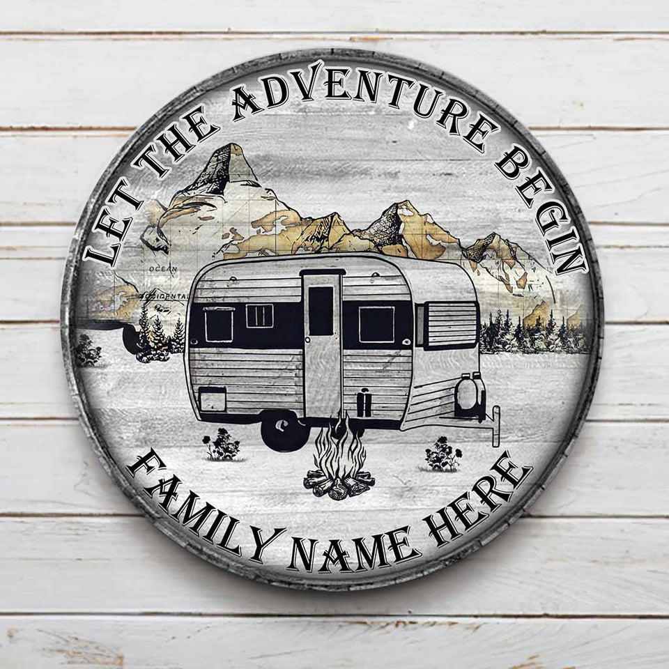 Let The Adventure Begin - Camping Personalized Round Wood Sign