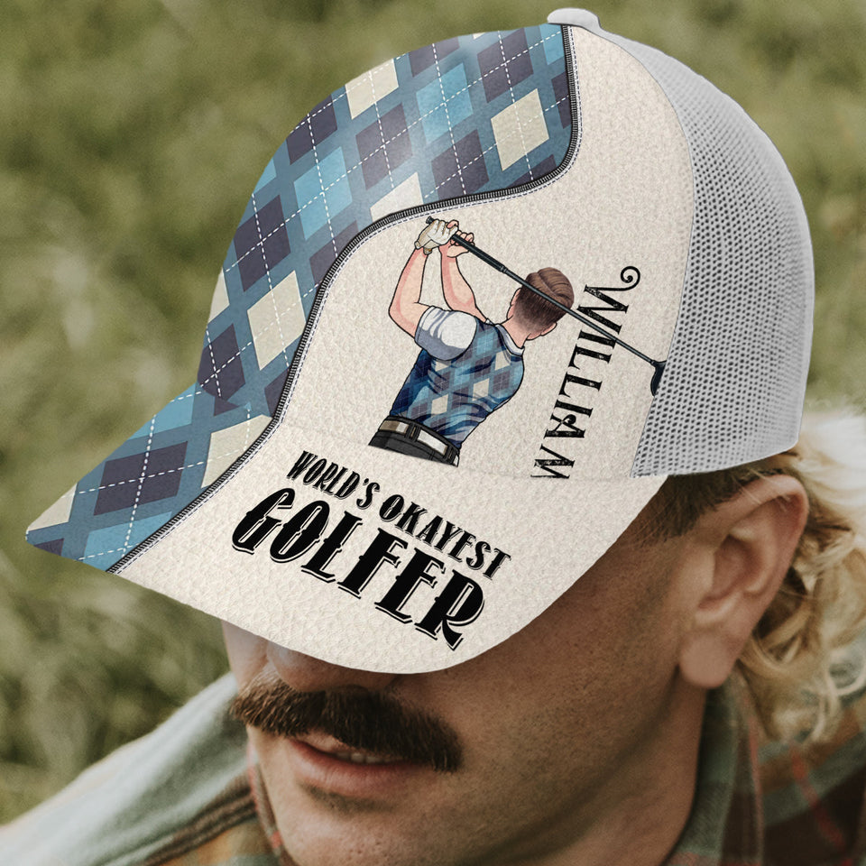 World's Okayest Golfer - Personalized Golf Trucker Hat (White Mesh)