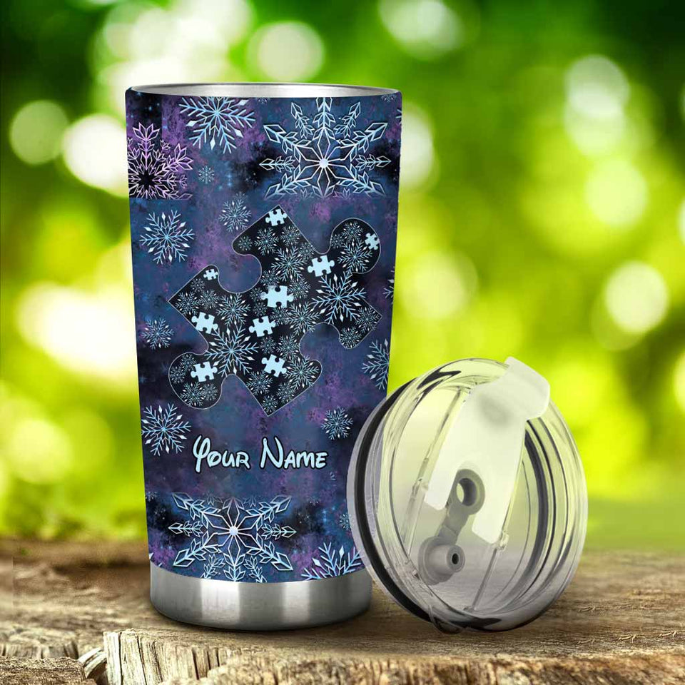 Nous sommes comme des flocons de neige - Gobelet de Noël personnalisé pour la sensibilisation à l'autisme, avec des flocons bleus et violets