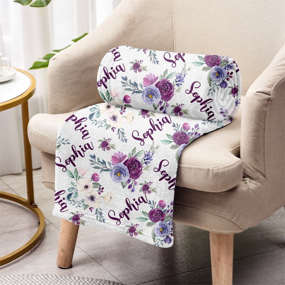 Custom Name Purple Flowers - Personalized Step Mom Blanket