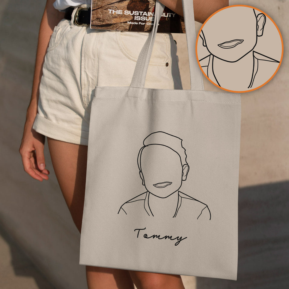 Custom Photo Line Art - Personalized Kid Embroidered Tote Bag