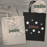 Custom Name With Flower - Personalized Couple Embroidered Tote Bag