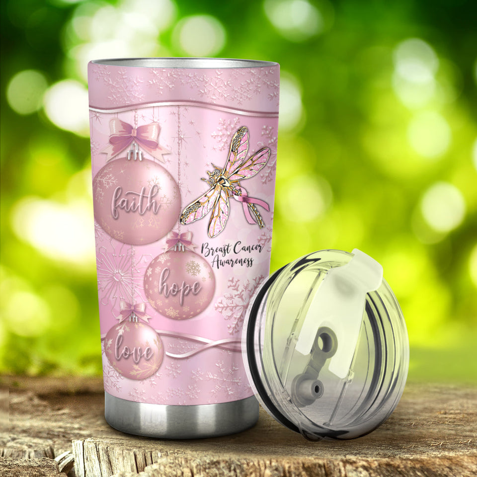 Gobelet isotherme Faith Hope Love - Sensibilisation au cancer du sein avec motif métallique imprimé 0622
