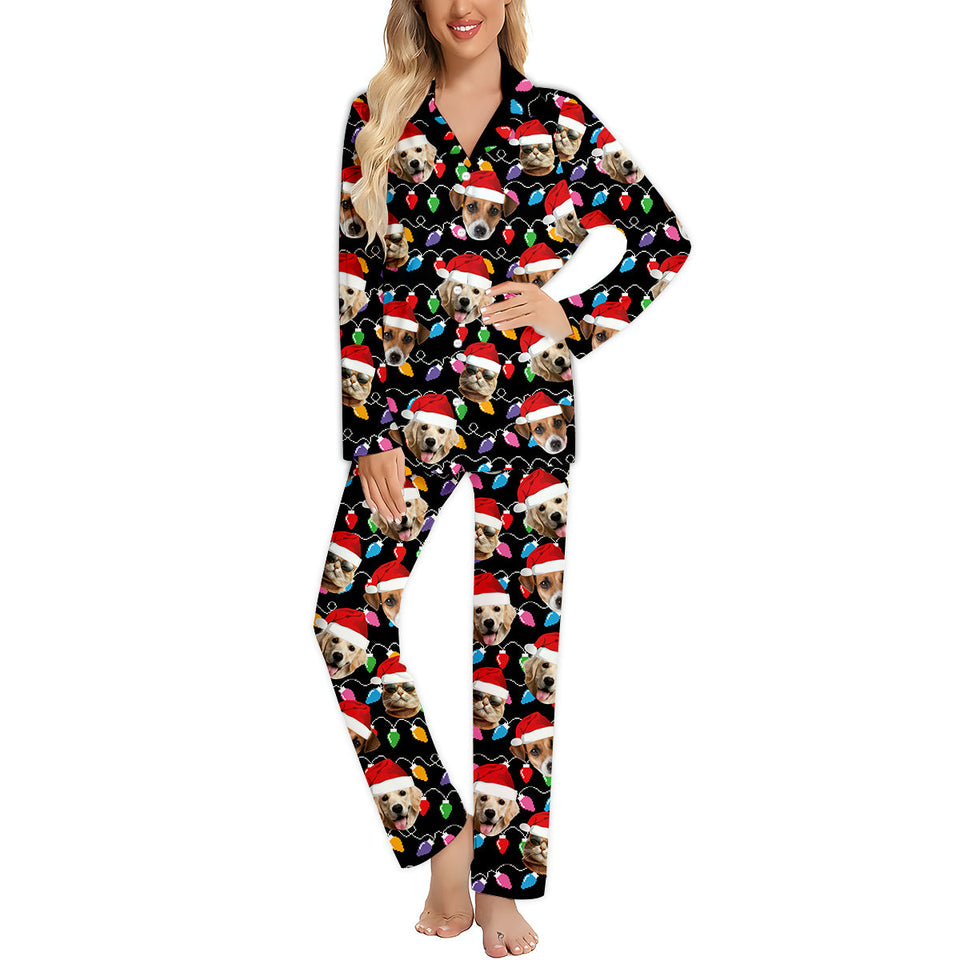 Any Photo Upload Colorful Christmas Light - Personalized Dog Button Down Pajamas