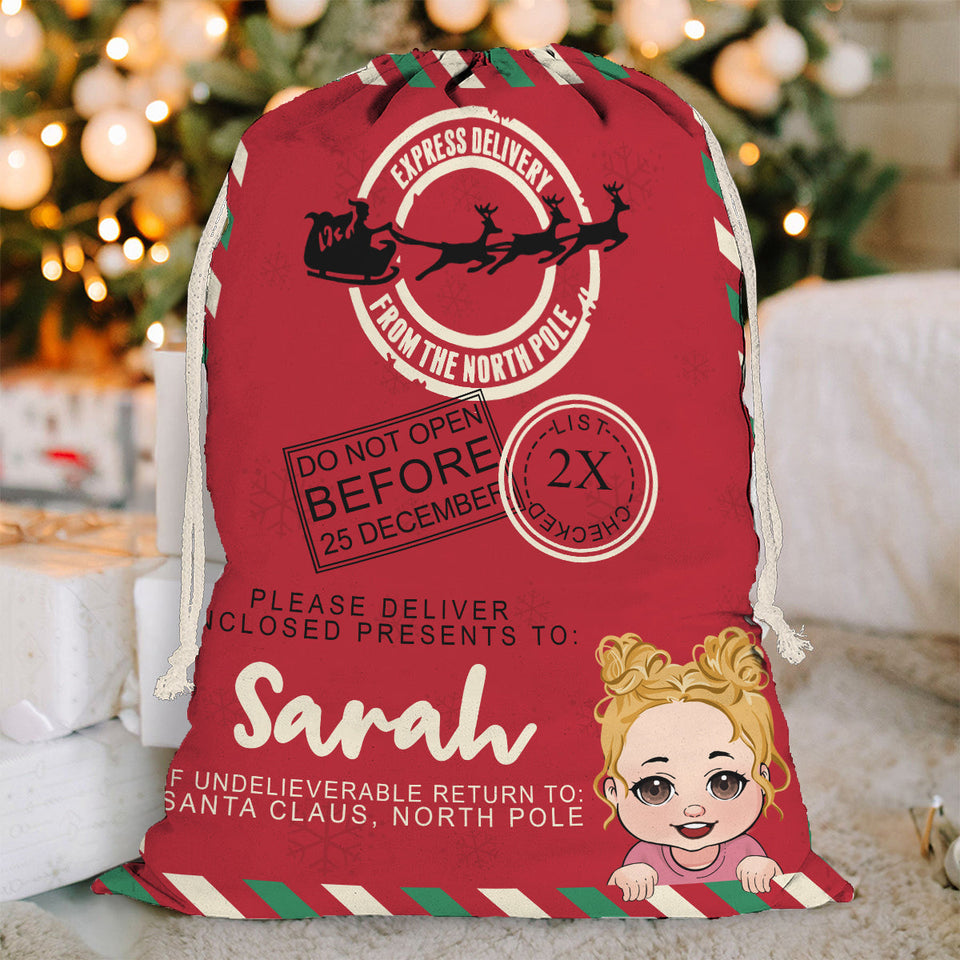 North Pole Express Santa Delivery Sack - Personalized Family Drawstring Tote Bag
