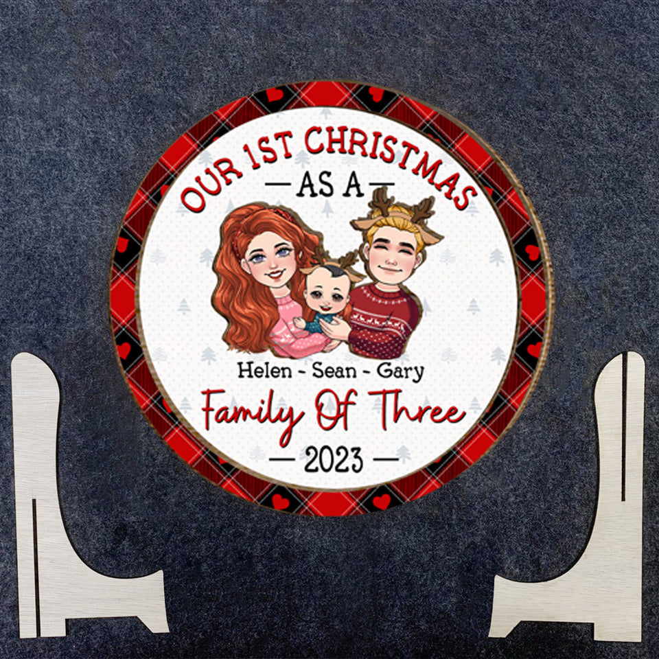 1St Christmas As Family Of Three - Gift for Newborn - Personalized 2 Layered Wood Sign / Wood Plaque