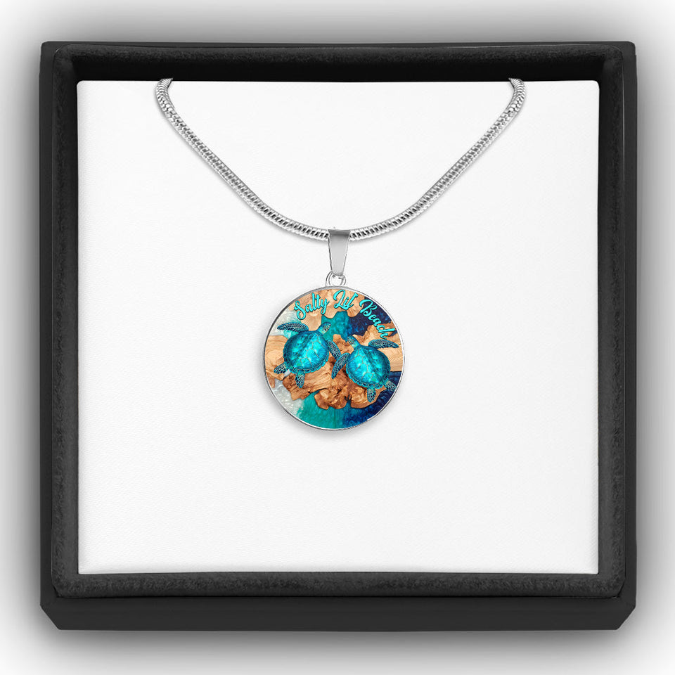Salty Lil' Beach - Personalized Turtle Round Pendant Necklace