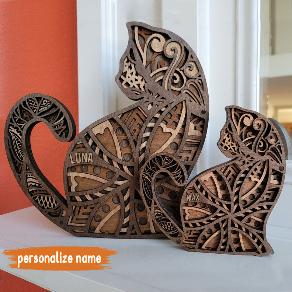 Personalized Handcrafted Wooden Cat Sculpture - Personalized Cat 4 Layer Wooden Art