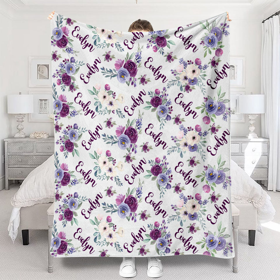 Custom Name Purple Flowers - Personalized Daughter Blanket
