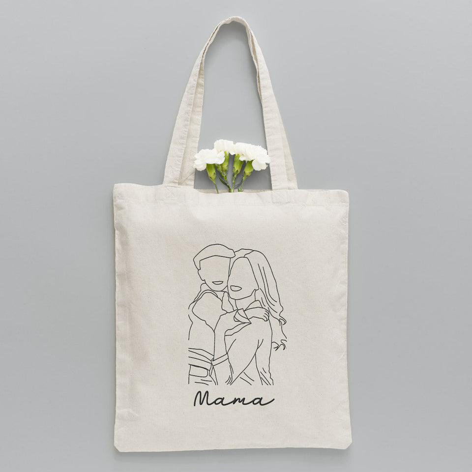 Custom Photo Line Art - Personalized Mother Embroidered Tote Bag