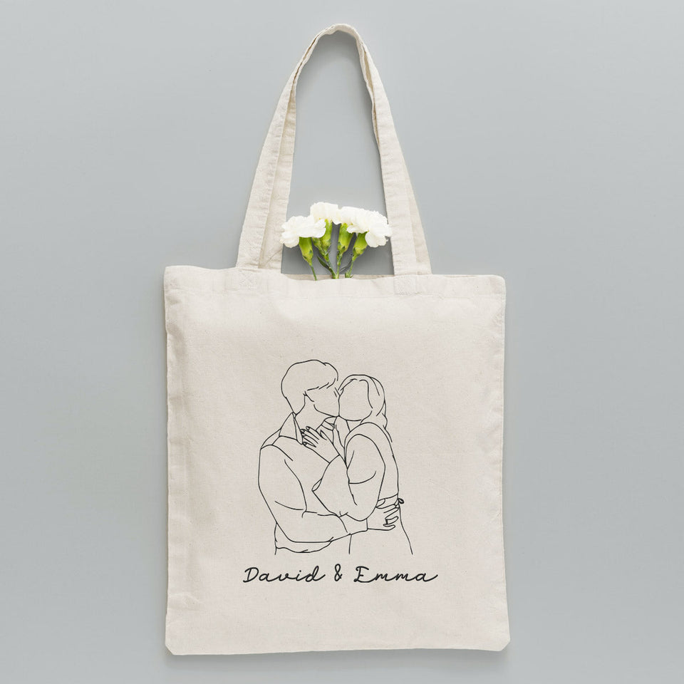 Custom Photo Line Art - Personalized Couple Embroidered Tote Bag