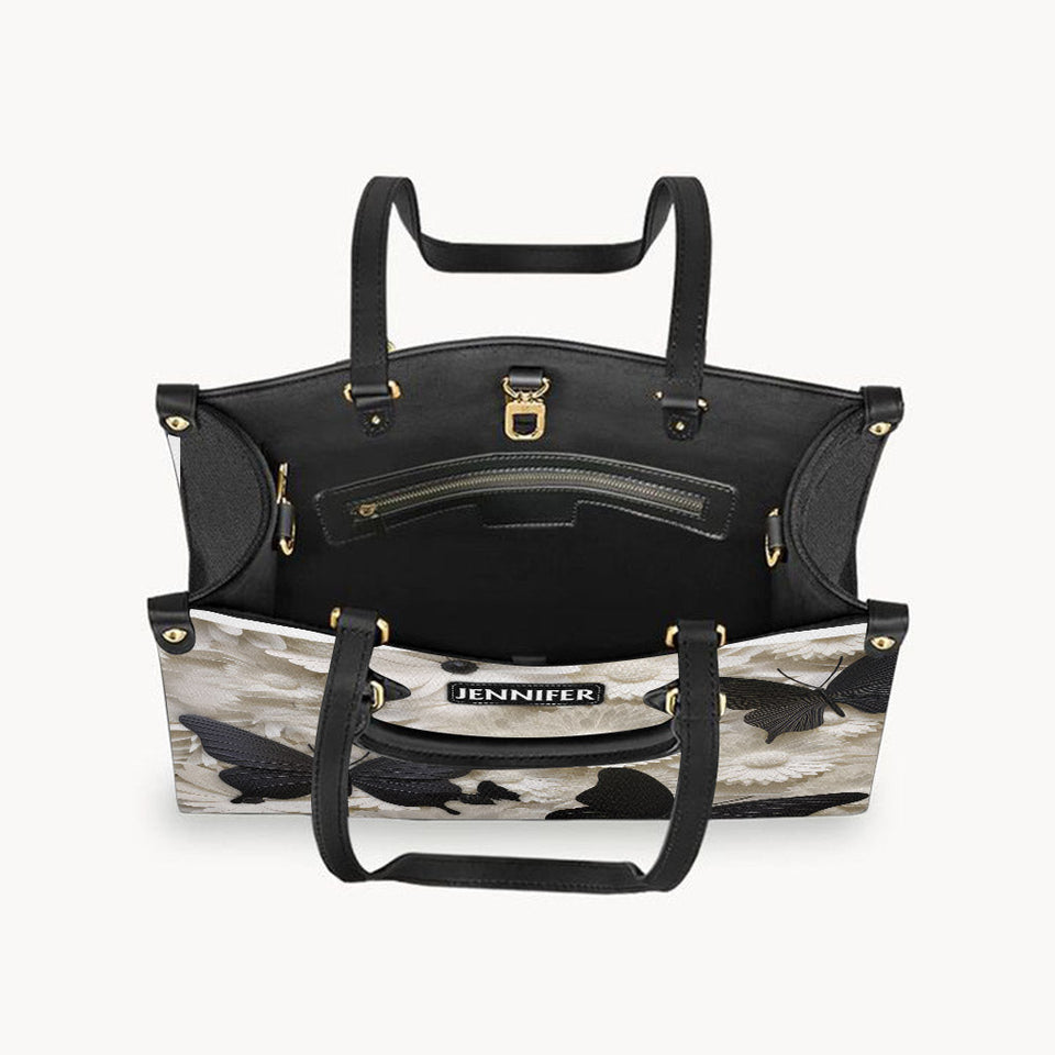 Elegant Black And White Butterflies And Flowers - Personalized Butterfly Leather Handbag