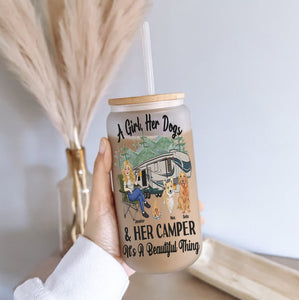 A Girl Her Dog And Her Camper - Camping gift for dog lover - Personalized Can Glass