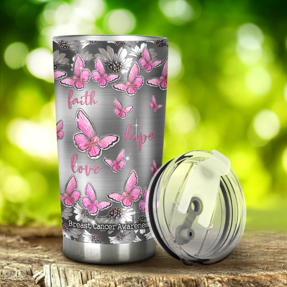 Gobelet isotherme Faith Hope Love - Sensibilisation au cancer du sein avec motif métallique imprimé 0622