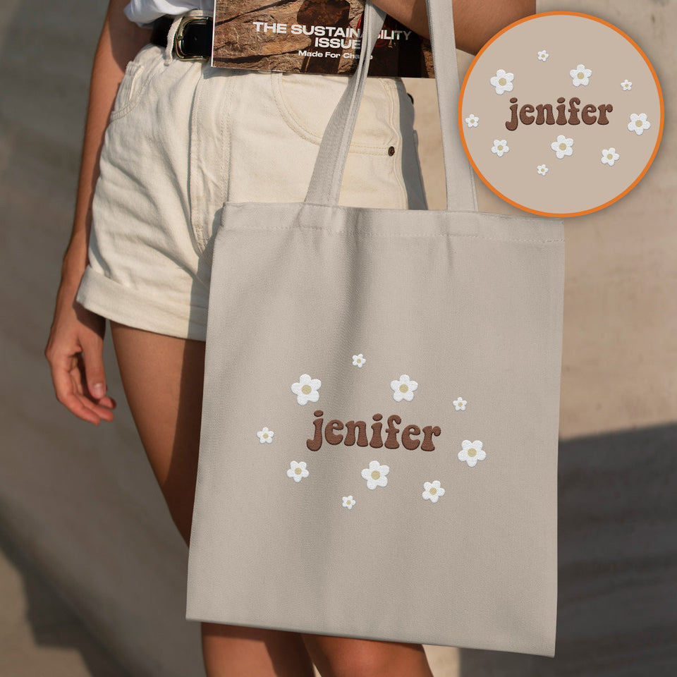 Custom Name With Flower - Personalized Daughter Embroidered Tote Bag