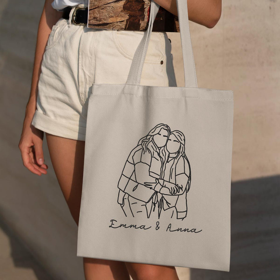 Custom Photo Line Art - Personalized Sibling Embroidered Tote Bag