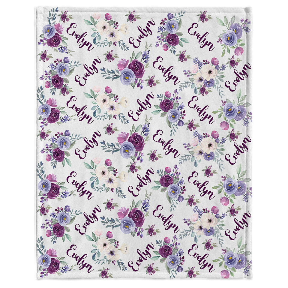 Custom Name Purple Flowers - Personalized Newborn Blanket