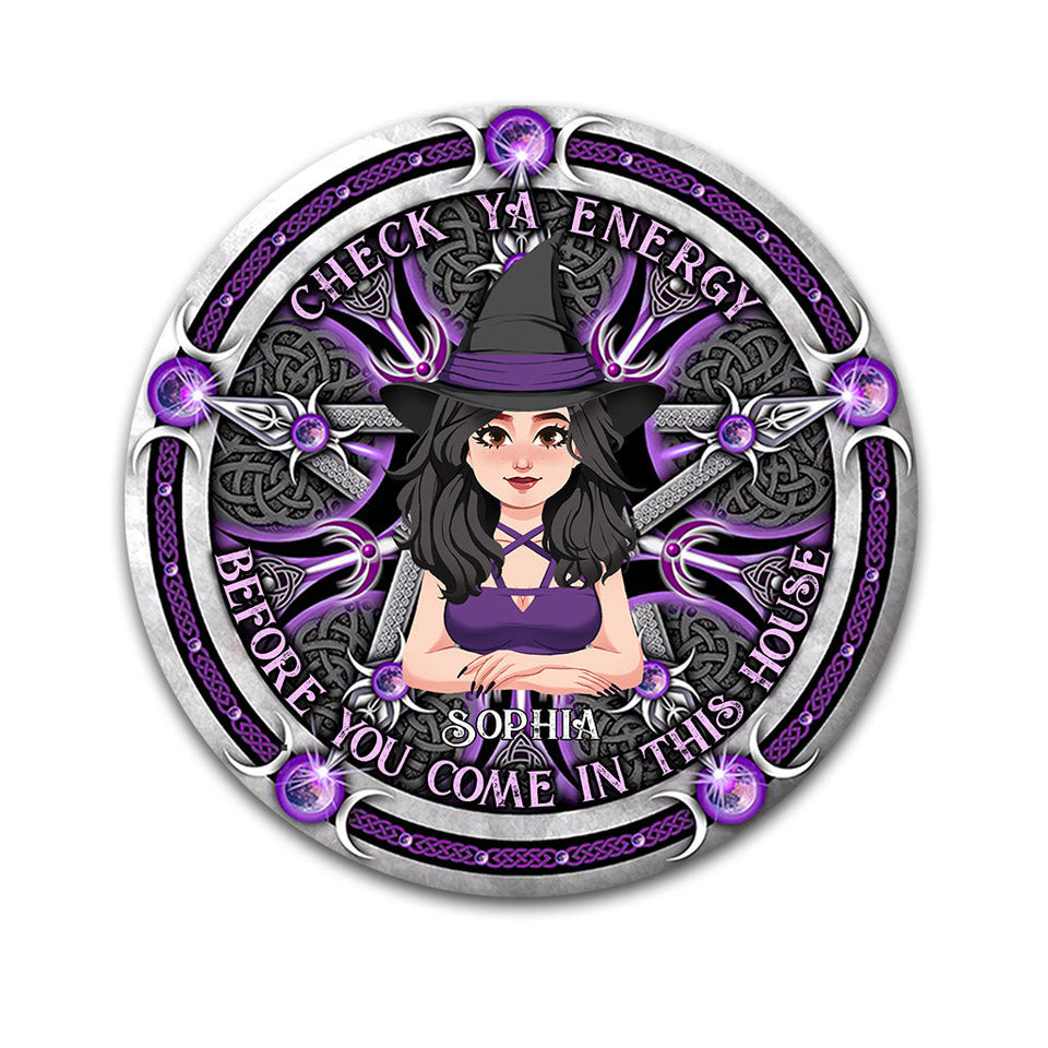 Check Ya Energy - Personalized Witch Round Metal Sign