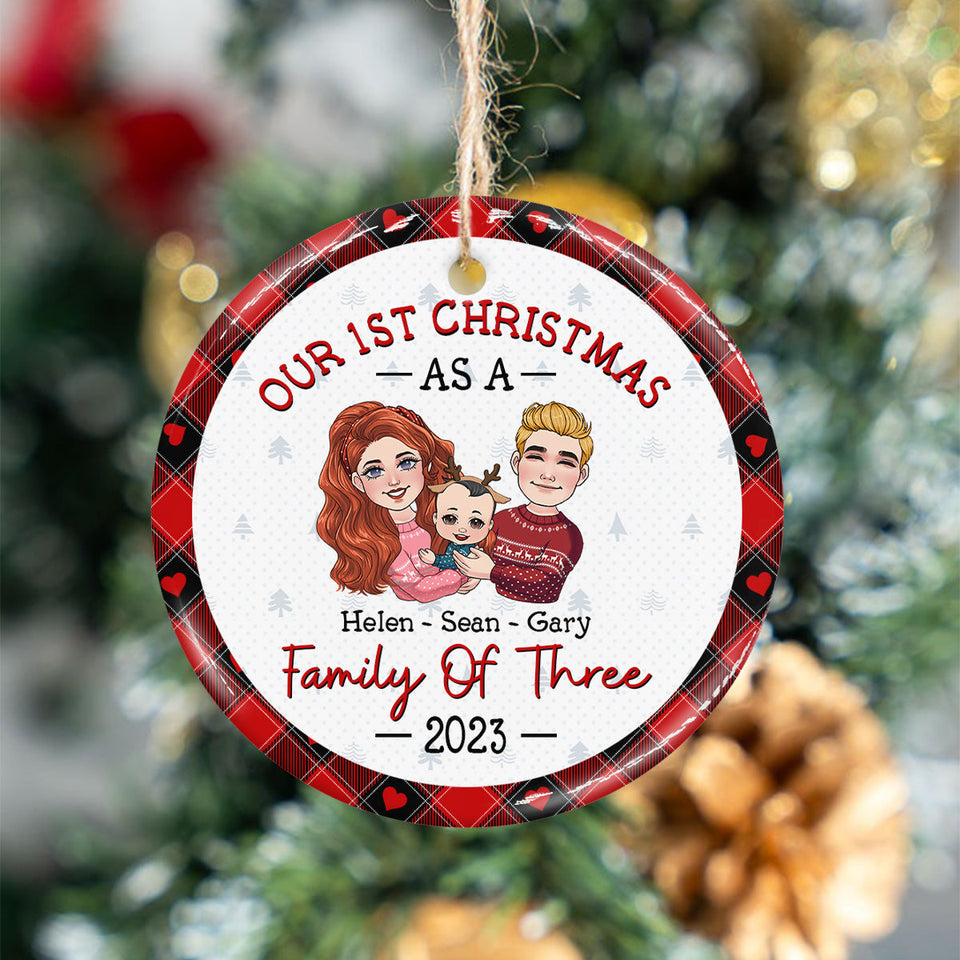 1St Christmas As Family Of Three - Gift for Newborn - Personalized Ceramic Circle Ornament