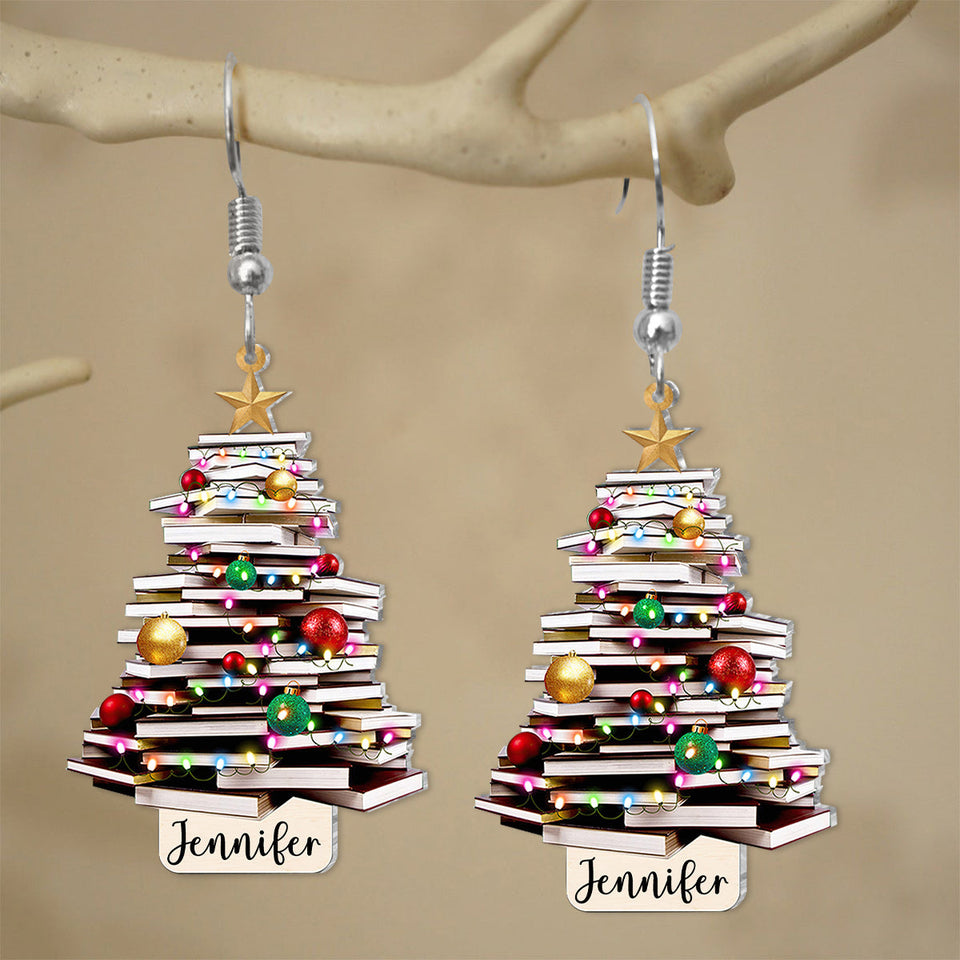 Just A Girl Who Loves Books Christmas Tree - Personalized Book Earrings