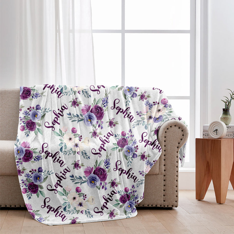Custom Name Purple Flowers - Personalized Grandma Blanket
