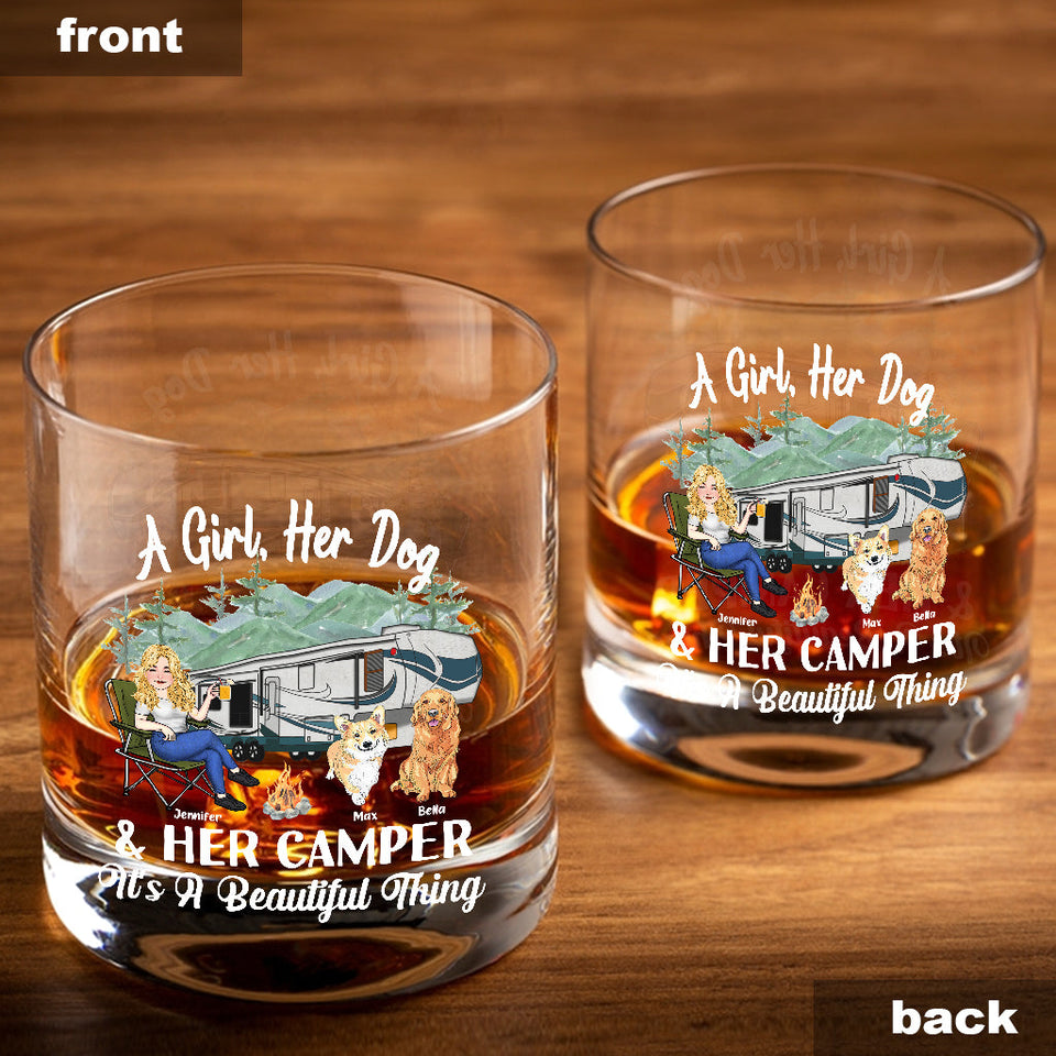 A Girl Her Dog And Her Camper - Camping gift for dog lover - Personalized Rock Glass